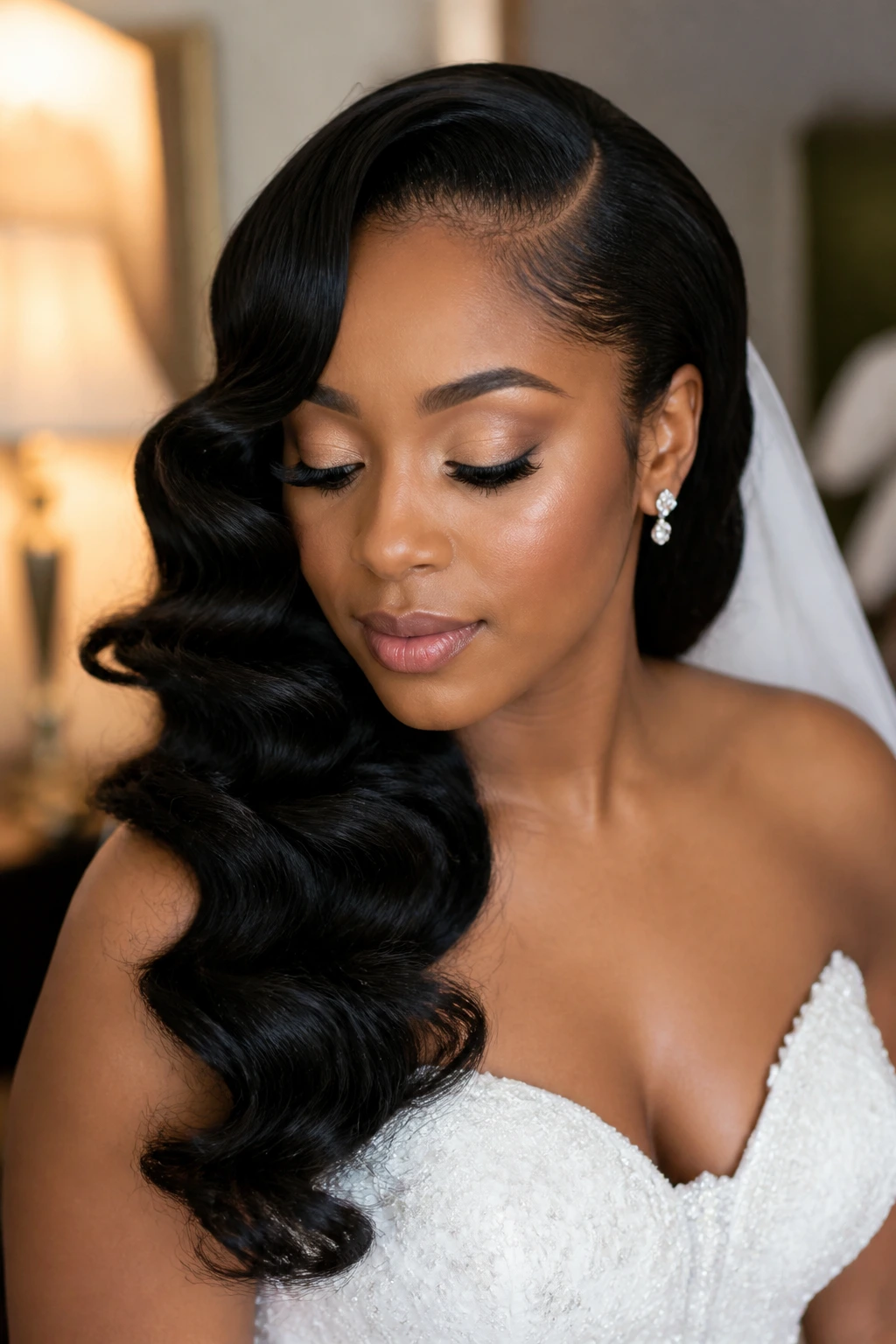 Bride with sculpted side-part Hollywood waves