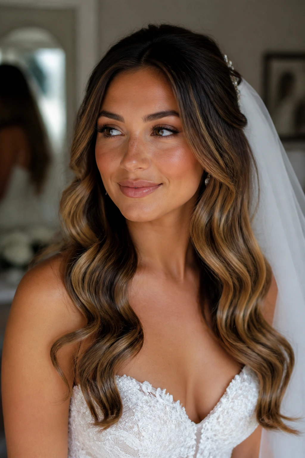 Real bride with defined waves and veil in a bridal suite