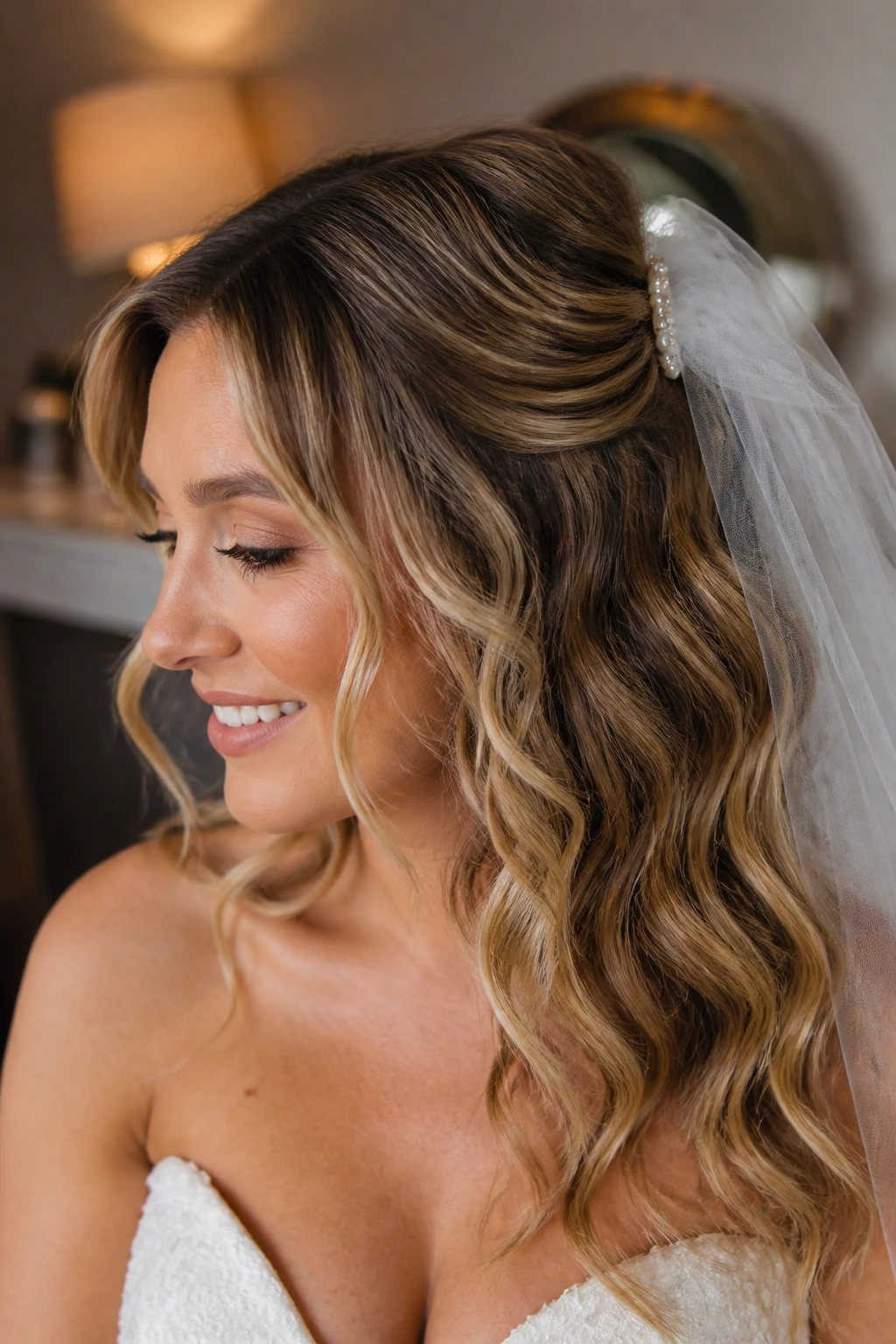 Close-up of a real bride with humidity-ready bridal waves
