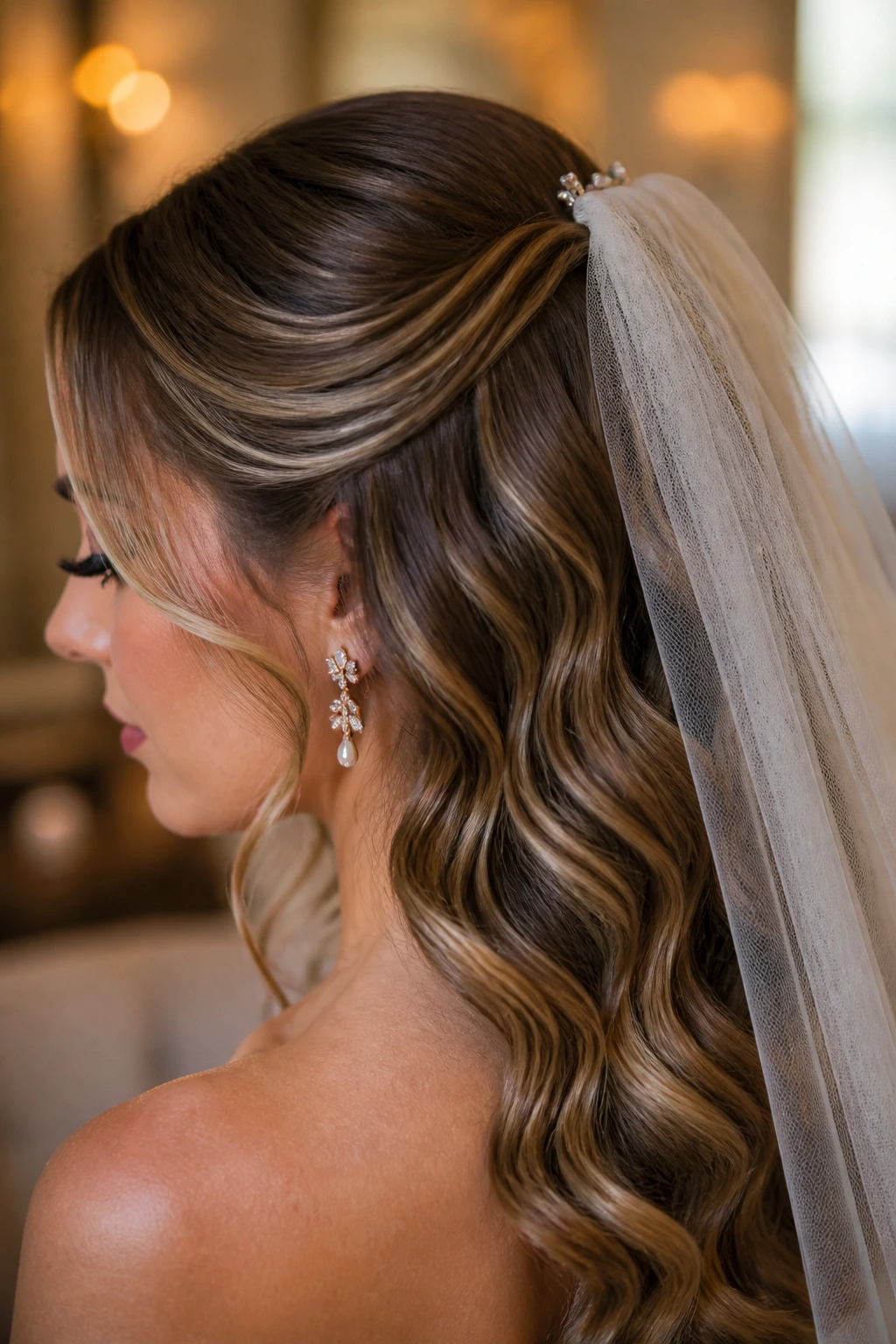 Bride's waves with veil pinned at crown in a bridal suite.