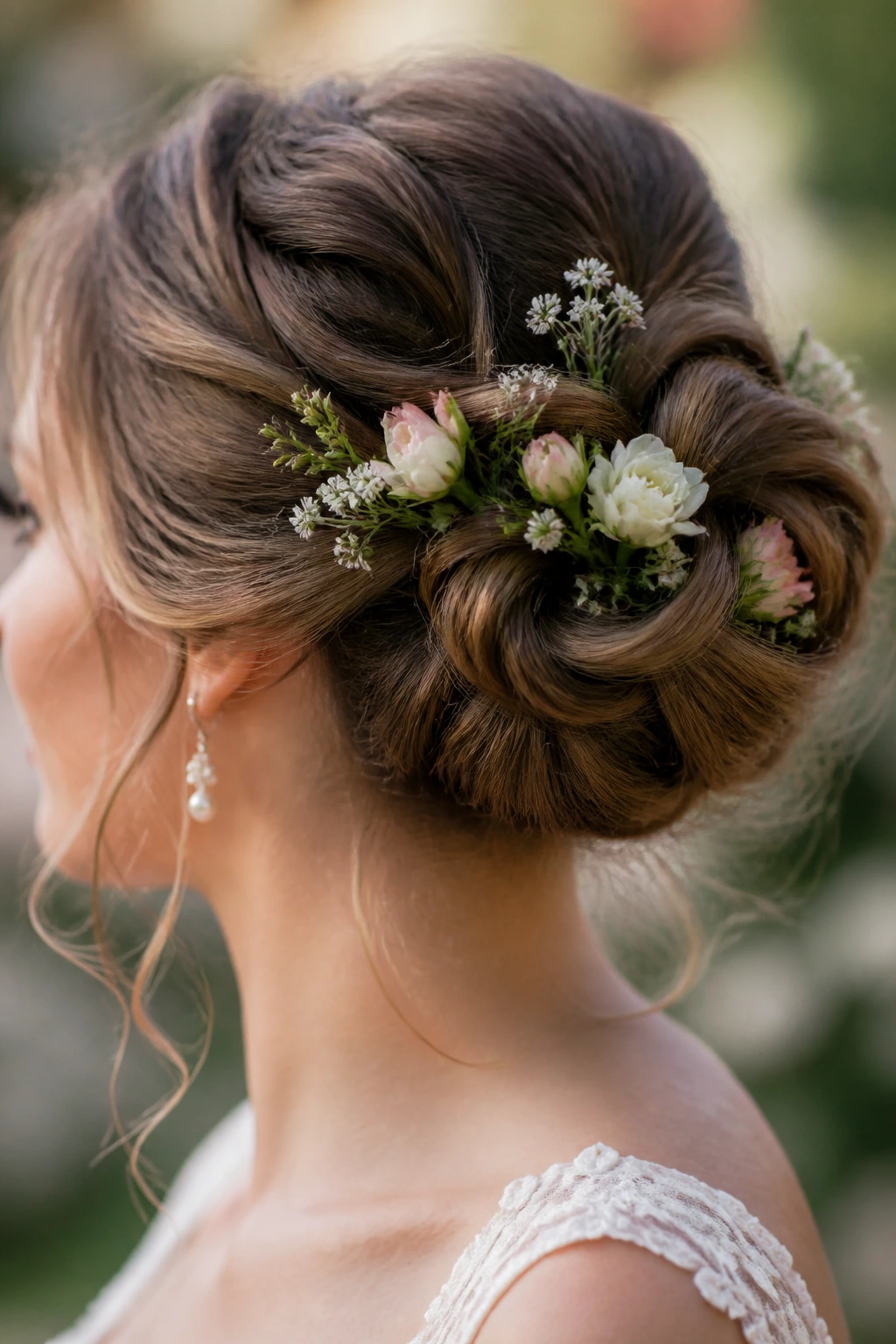 Close-up of a real bride's floral garden bun with small blooms