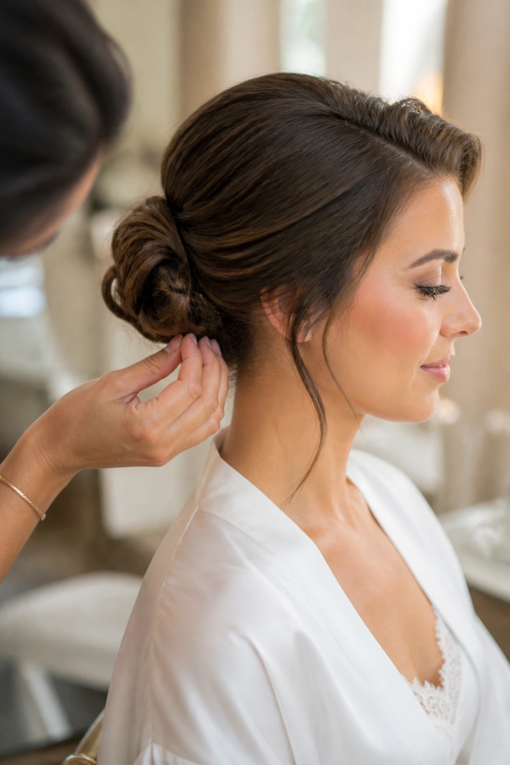 Bride's bun being adjusted by stylist hands for maintenance and touch-ups