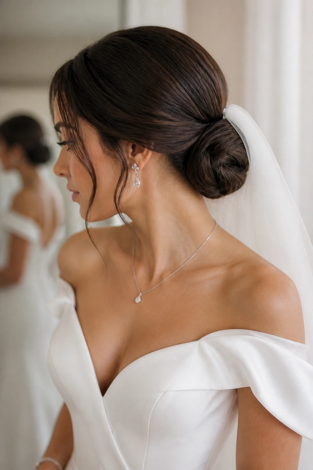 Close-up of a real bride's low chignon with matching dress and veil in bridal room