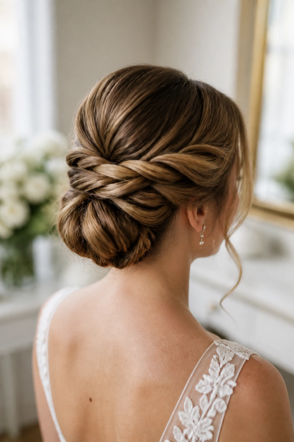 Rear view of a real bride showing a double-twist chignon