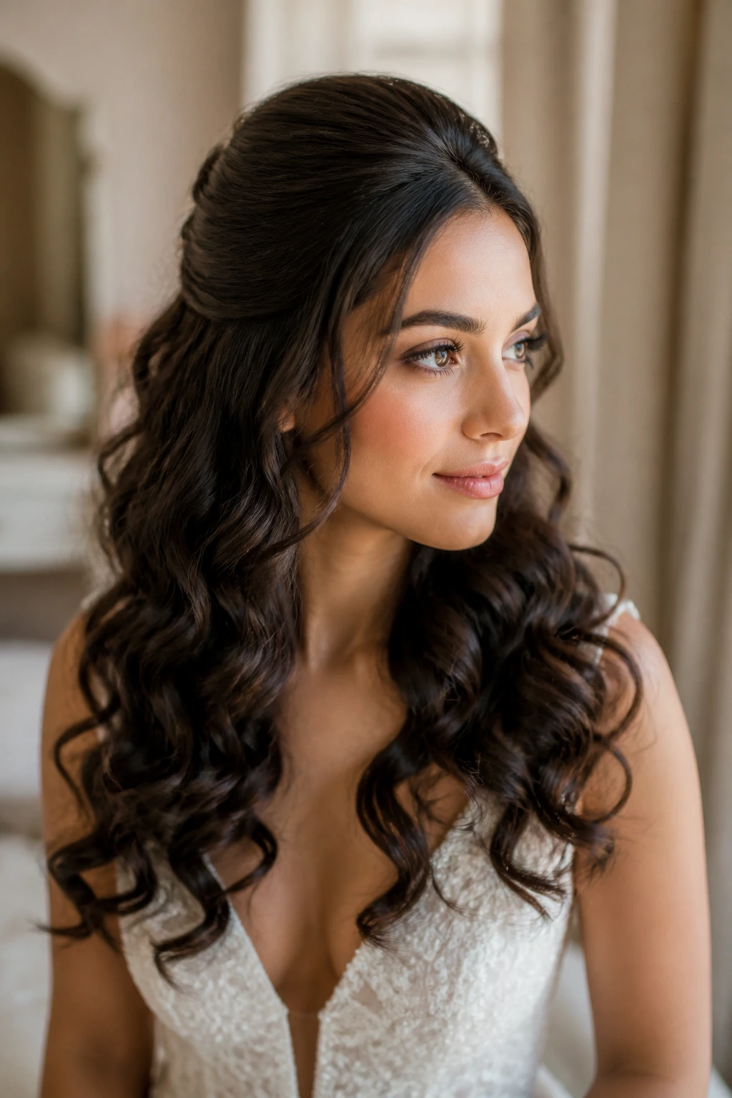 Close-up of a bride with a sleek top crown and big loose curls in a bridal suite