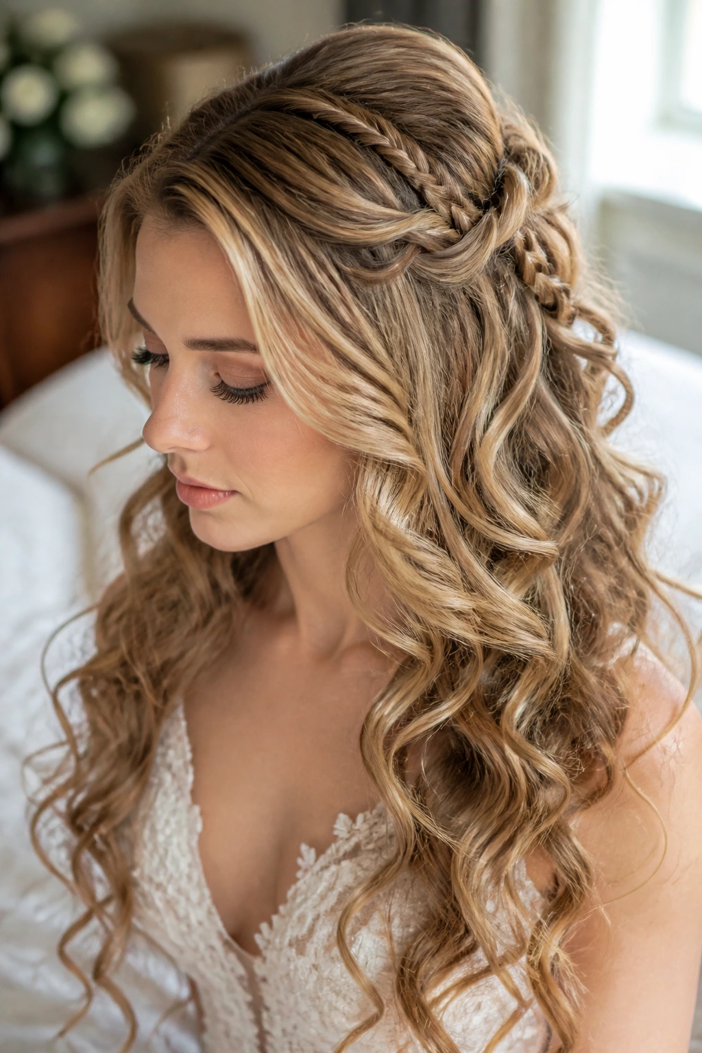 Bride with cascading curls and subtle accent braids.