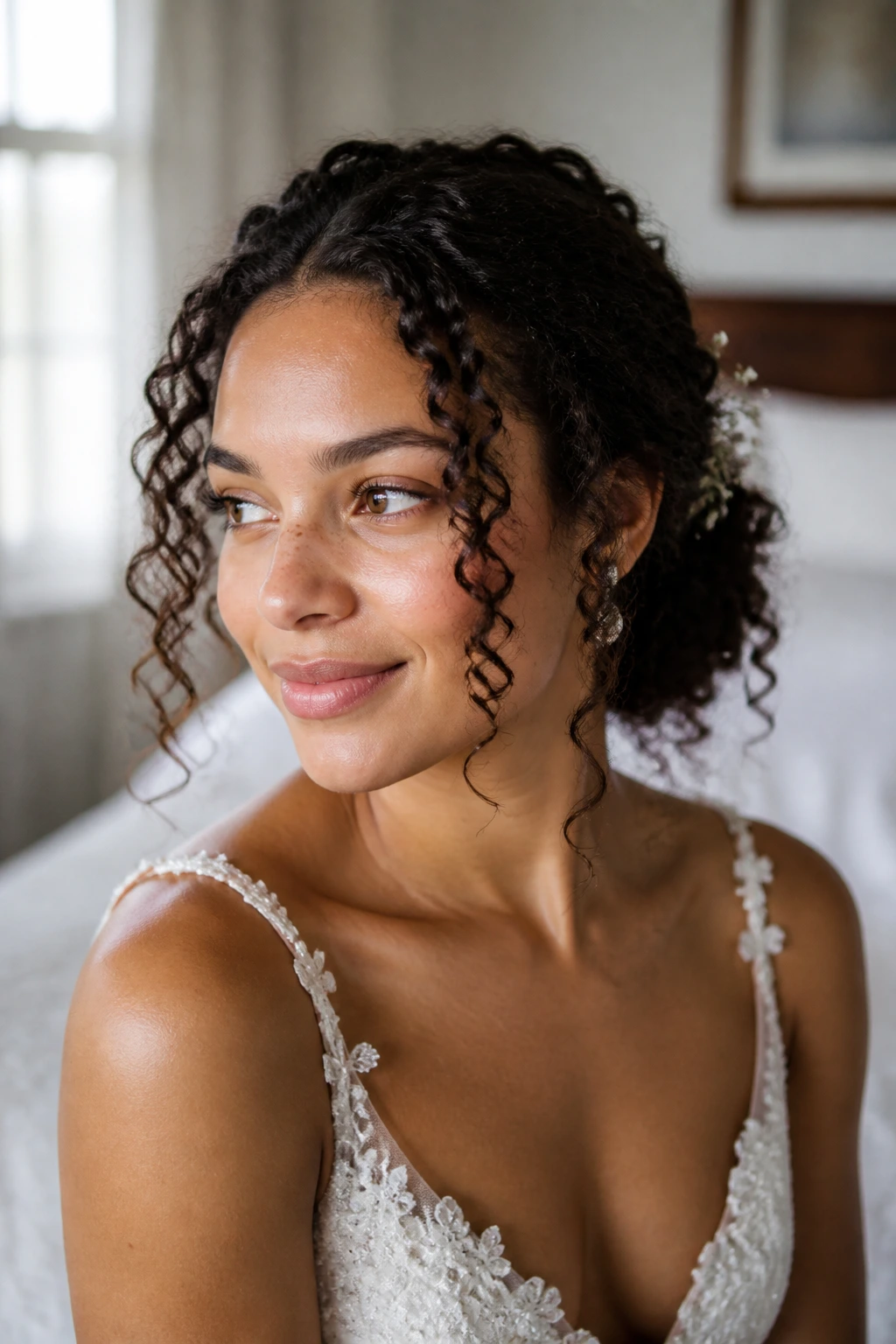 Bride wearing a natural curly hairstyle reflecting her personality
