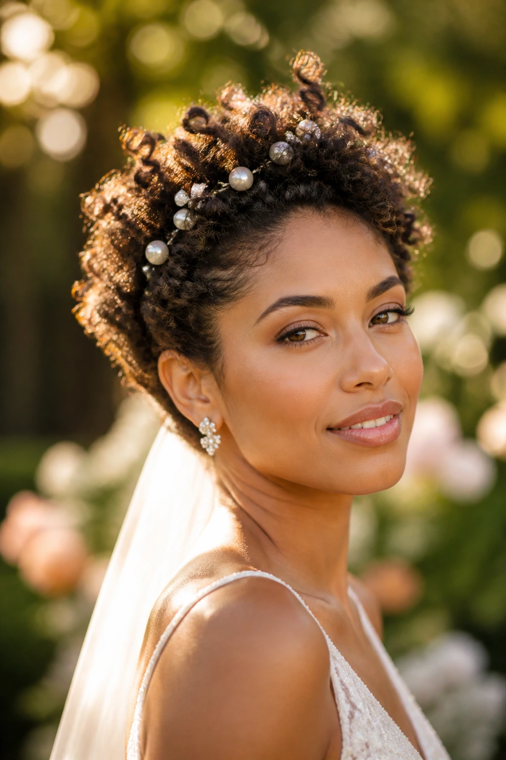 Bride with a crown-style curly hairstyle in a garden setting