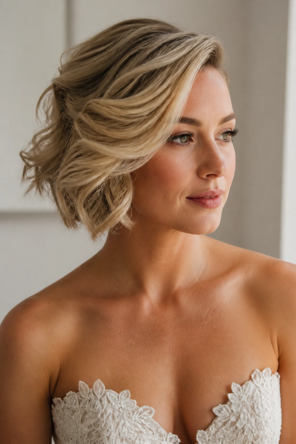 Portrait of a real bride showcasing a balanced haircut that holds its shape
