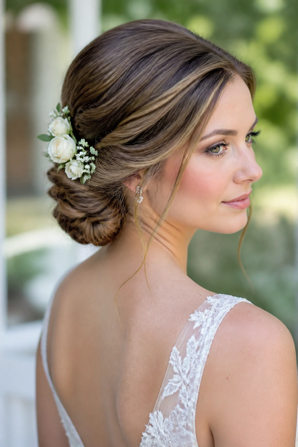 Bride with twisted low roll and fresh flowers.
