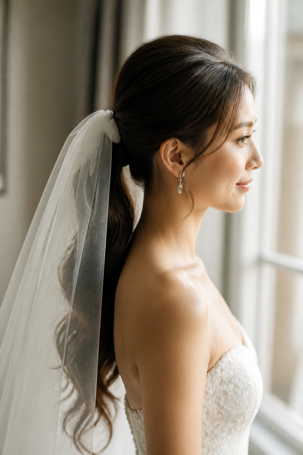 Bride side profile with a mid-to-low ponytail and veil