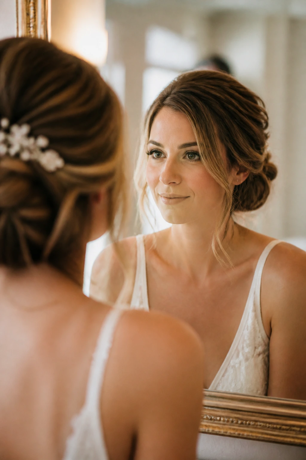Bride examining her prepared updo in a mirror during prep in warm bridal room