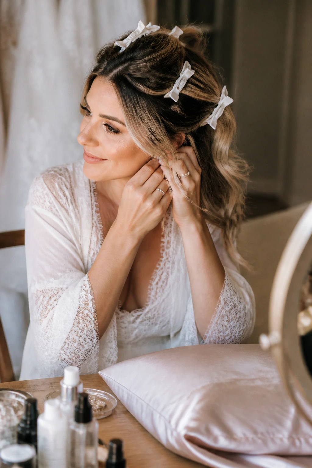 Bridal prep close-up with clipped sections and silk pillowcase hint