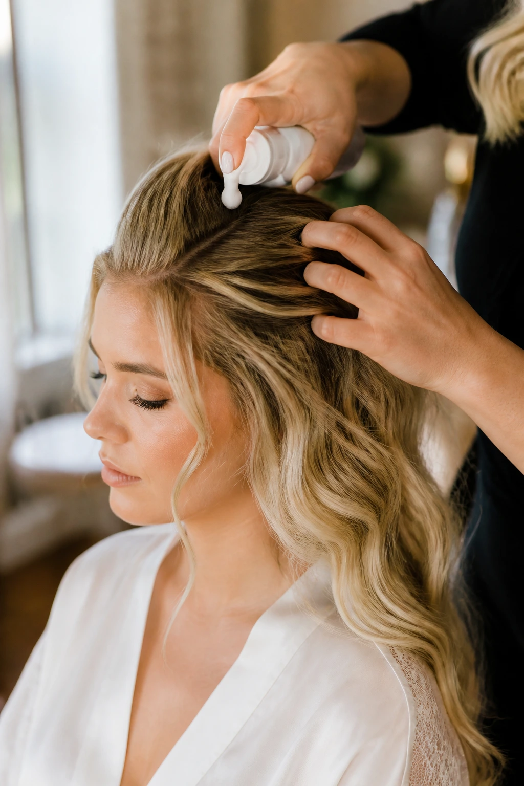 Close-up of bride's hair being prepped with mousse for bridal waves