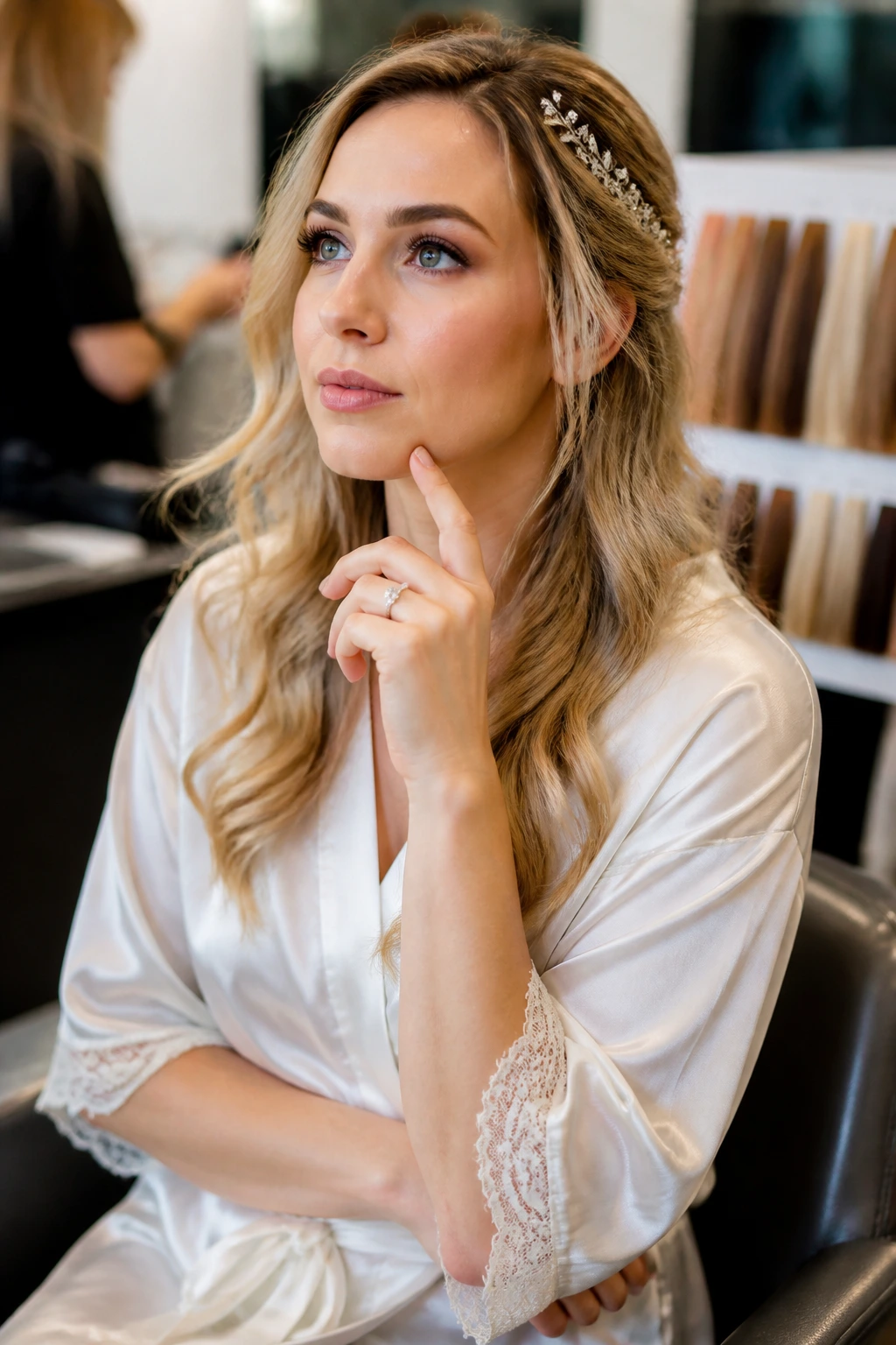 Portrait of a bride-to-be in a salon thinking about color choices