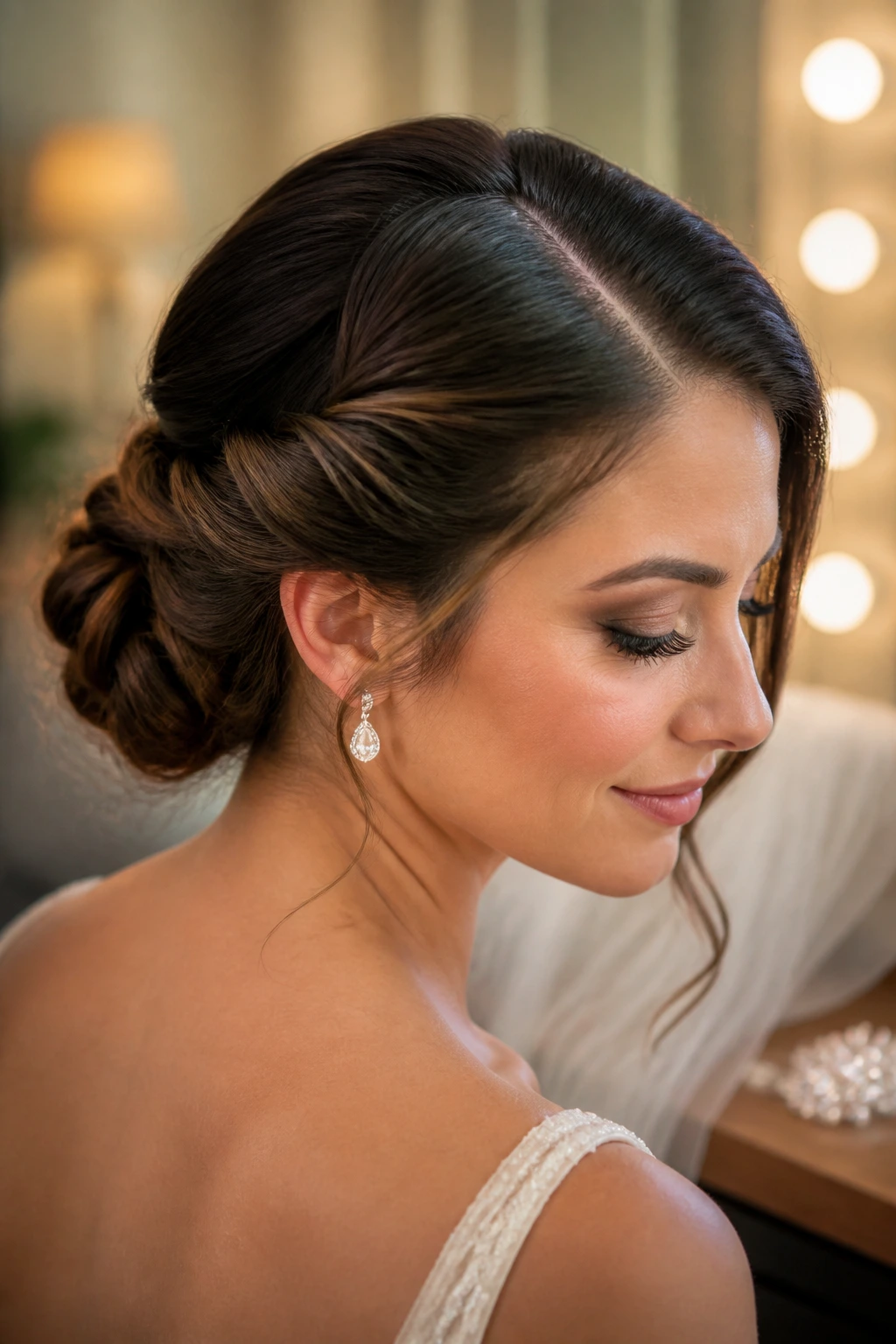 Close-up of a real bride with a deep side-part twist highlighting asymmetry