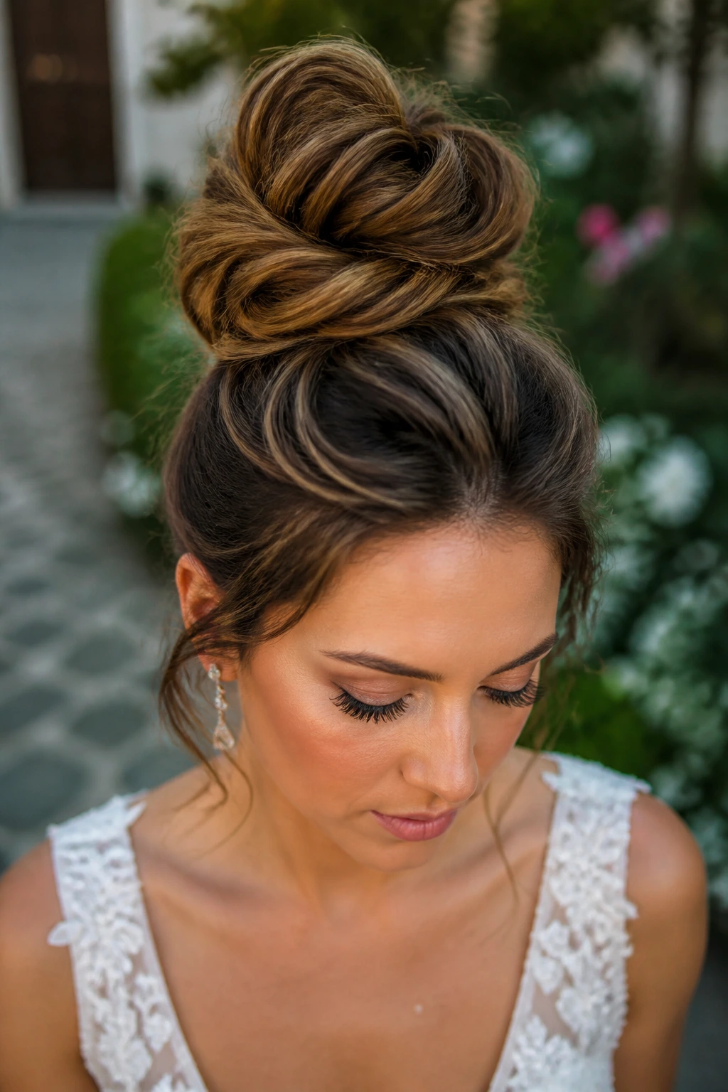 Close-up of a real bride's high textured top knot