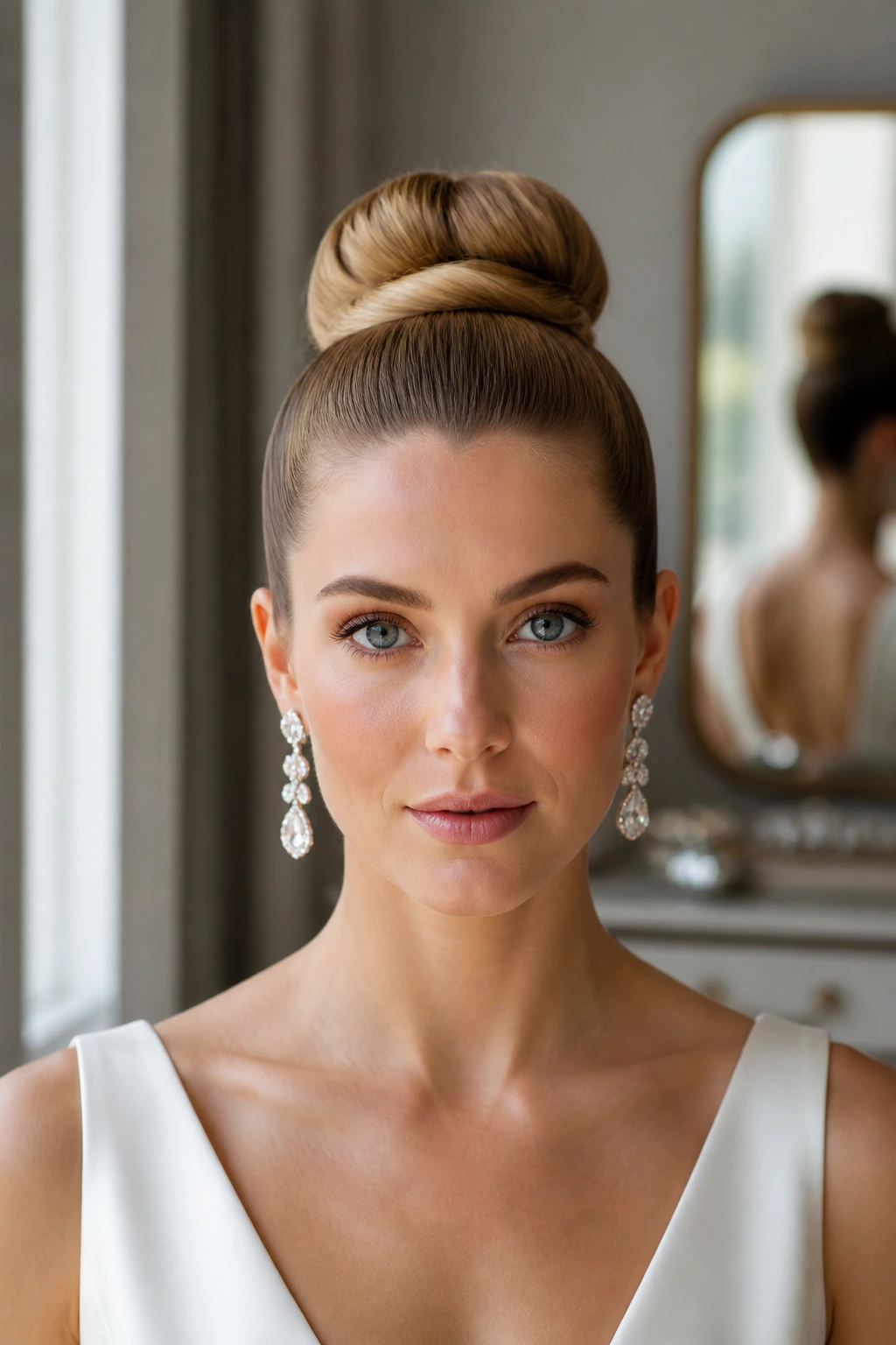 Real bride wearing a sleek topknot with statement earrings.