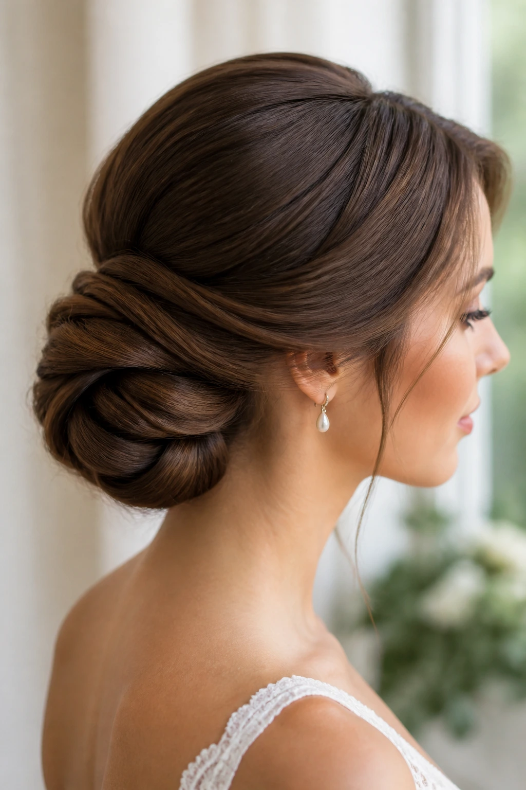 Close-up of a real bride's rolled low updo with smooth rolled sections