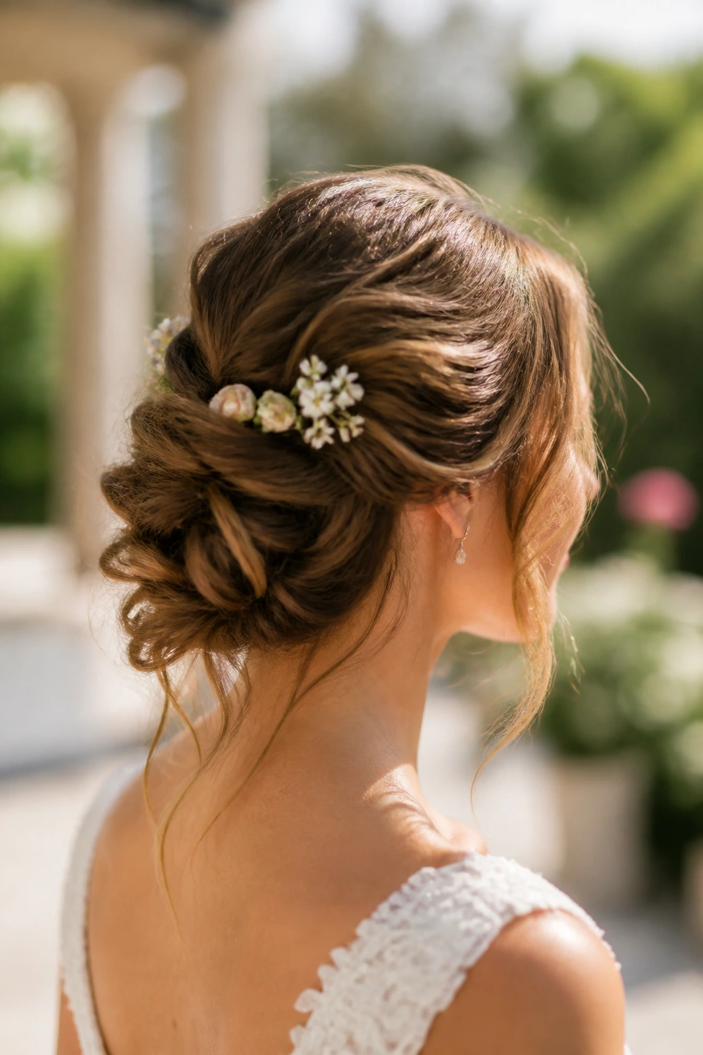 Bride with garden-inspired updo and small flower pins
