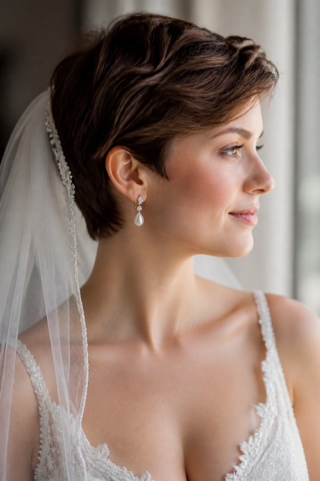 Bride with short hair wearing veil and earrings, neckline visible