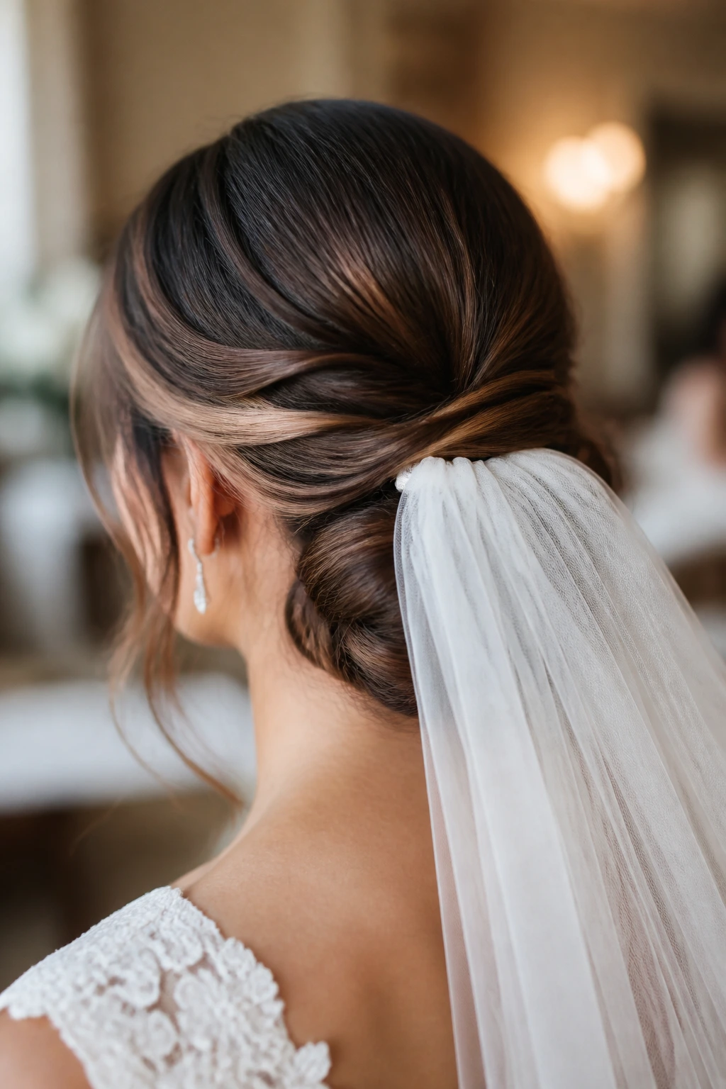 Bride's head with veil pinned at base of low bun