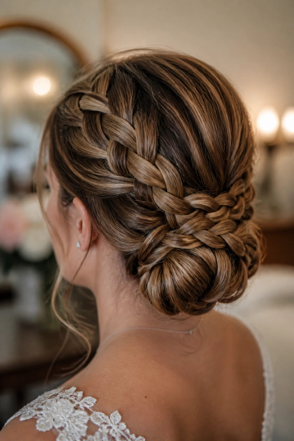Back view of real bride's woven bun with interlaced braids.