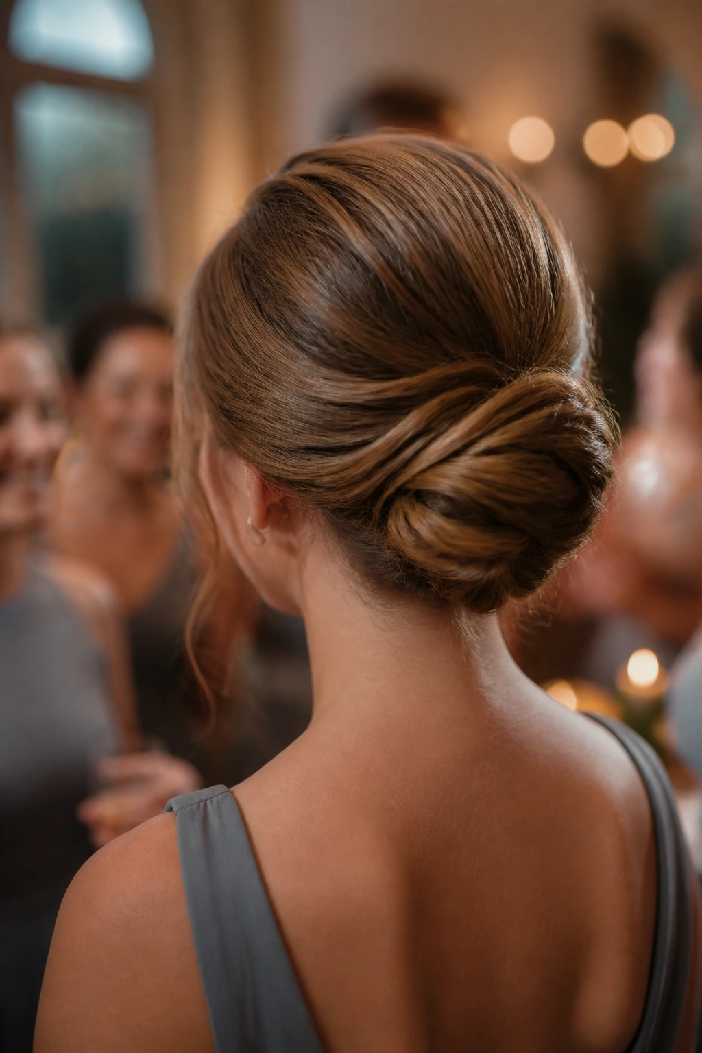 Back-of-head view of a bridesmaid bun held up during a reception