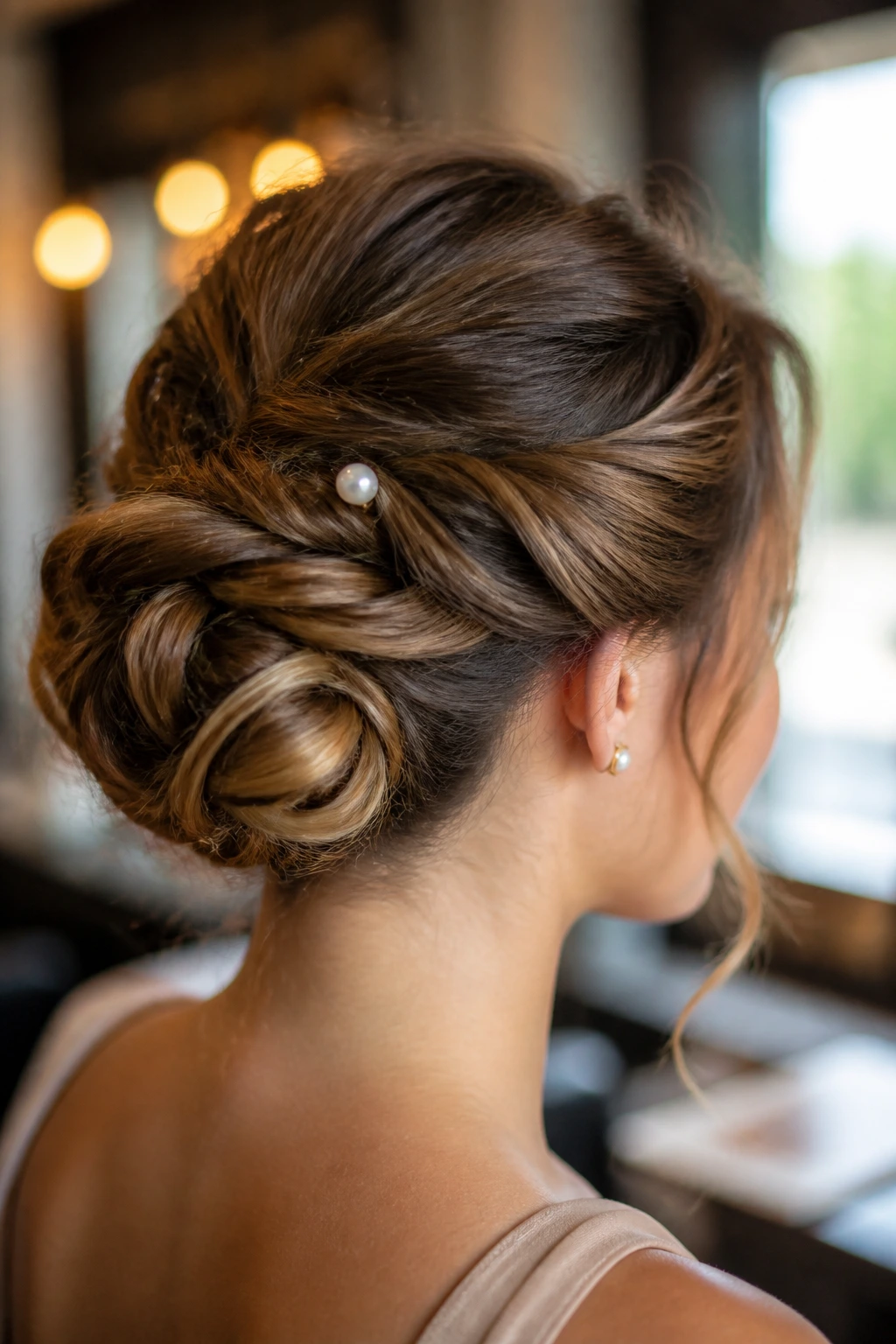 Bridesmaid bun close-up showing grip products and a pearl hairpin in warm salon light