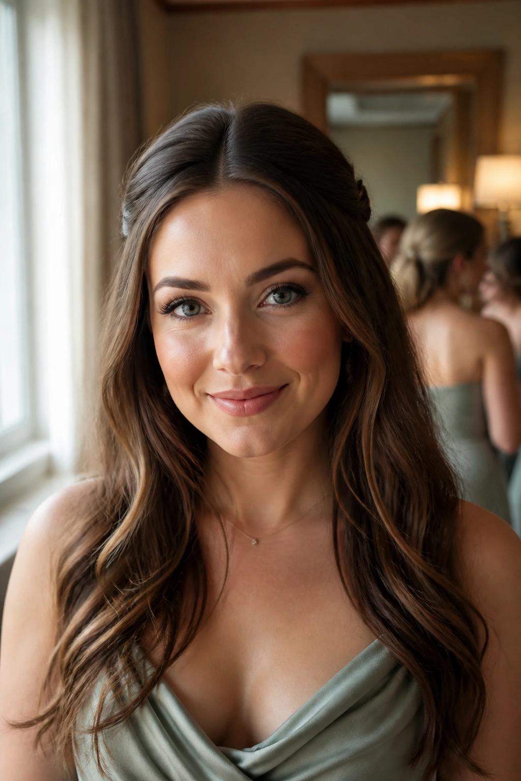Close-up of a bridesmaid with down hair, center part and pinned sides in a warm dressing room
