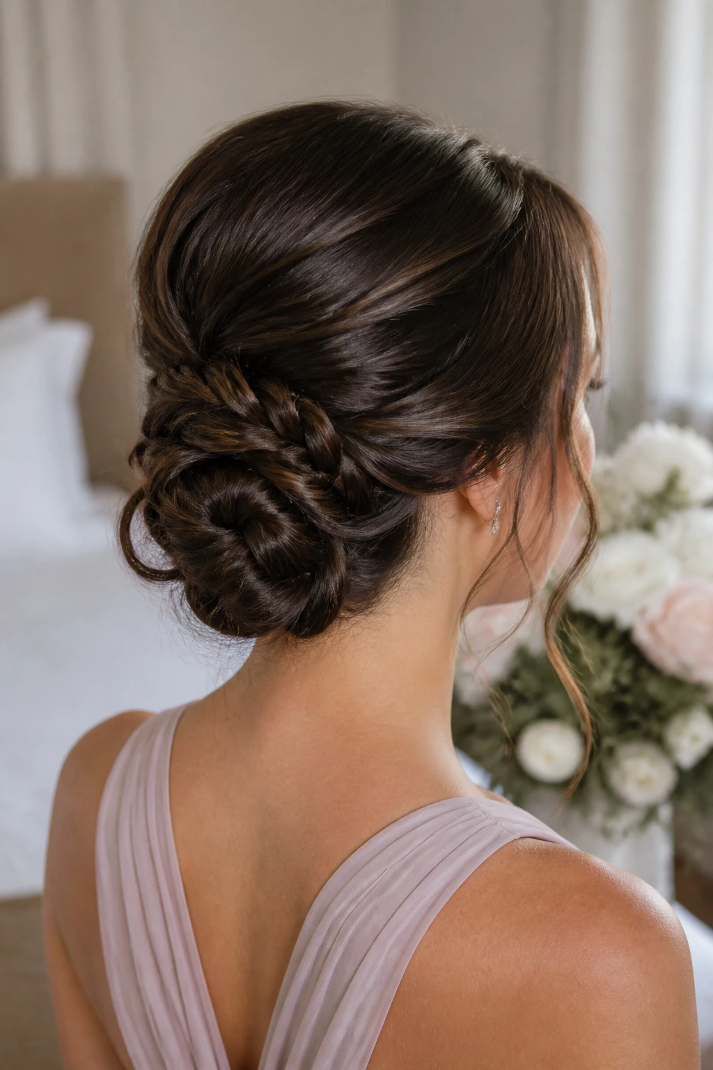 Close-up of real bridesmaid hairstyle with back view in a bridal suite