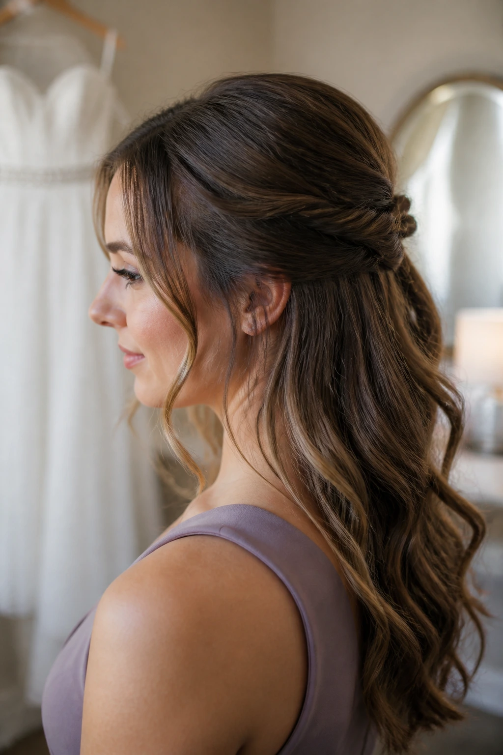 Close-up of a bridesmaid with a half-up hairstyle in a dressing room