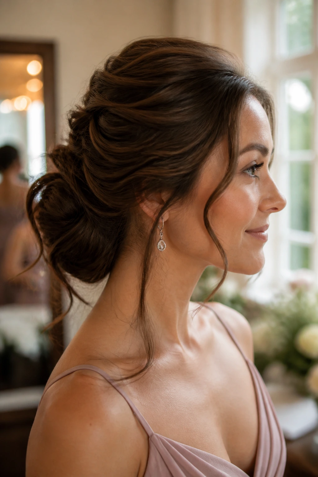 Close-up of a real bridesmaid's head with a versatile updo and loose front pieces