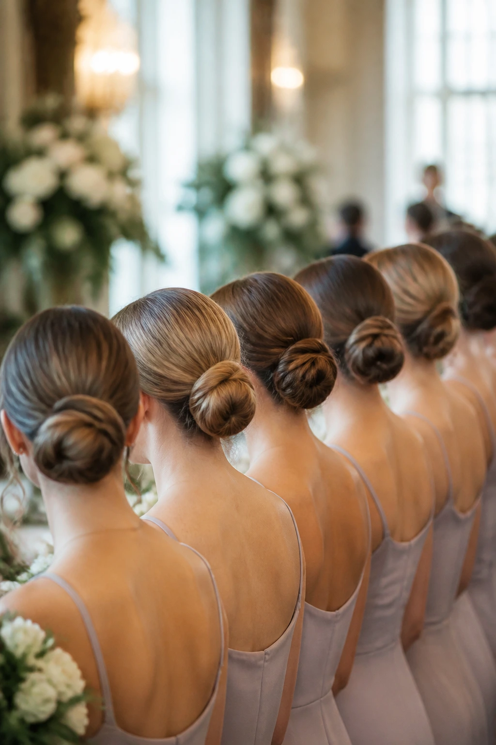 Row of bridesmaids with cohesive bun hairstyles forming a clean lineup at a wedding venue