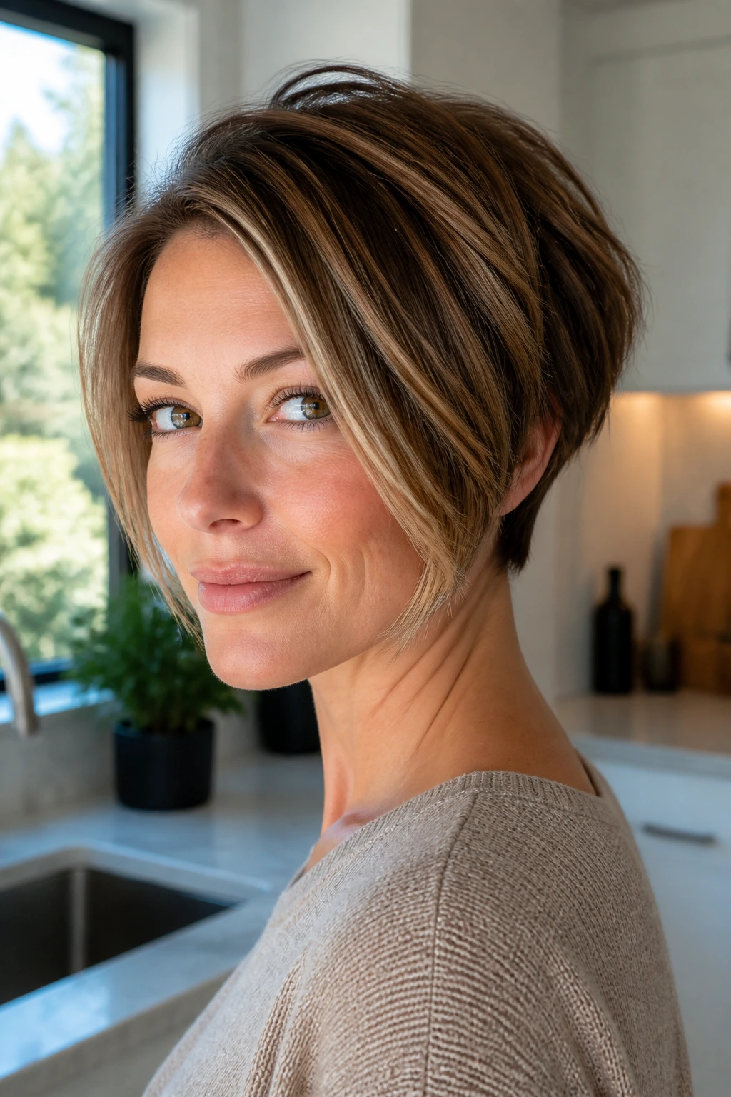 Real woman with bridge-length pixie bob in a bright kitchen setting.