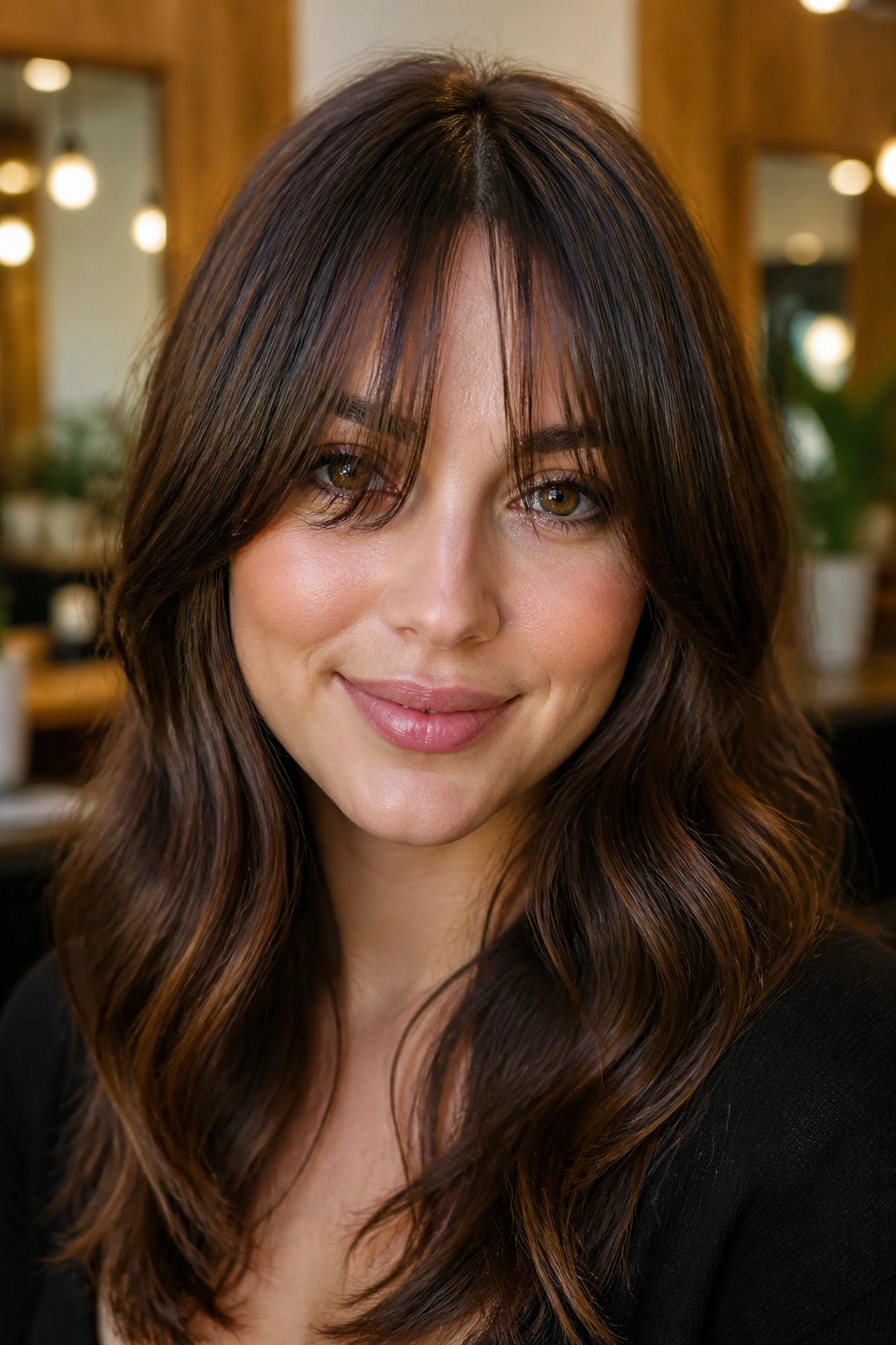 Portrait of a real woman with bridge-of-nose bottleneck bangs in a salon