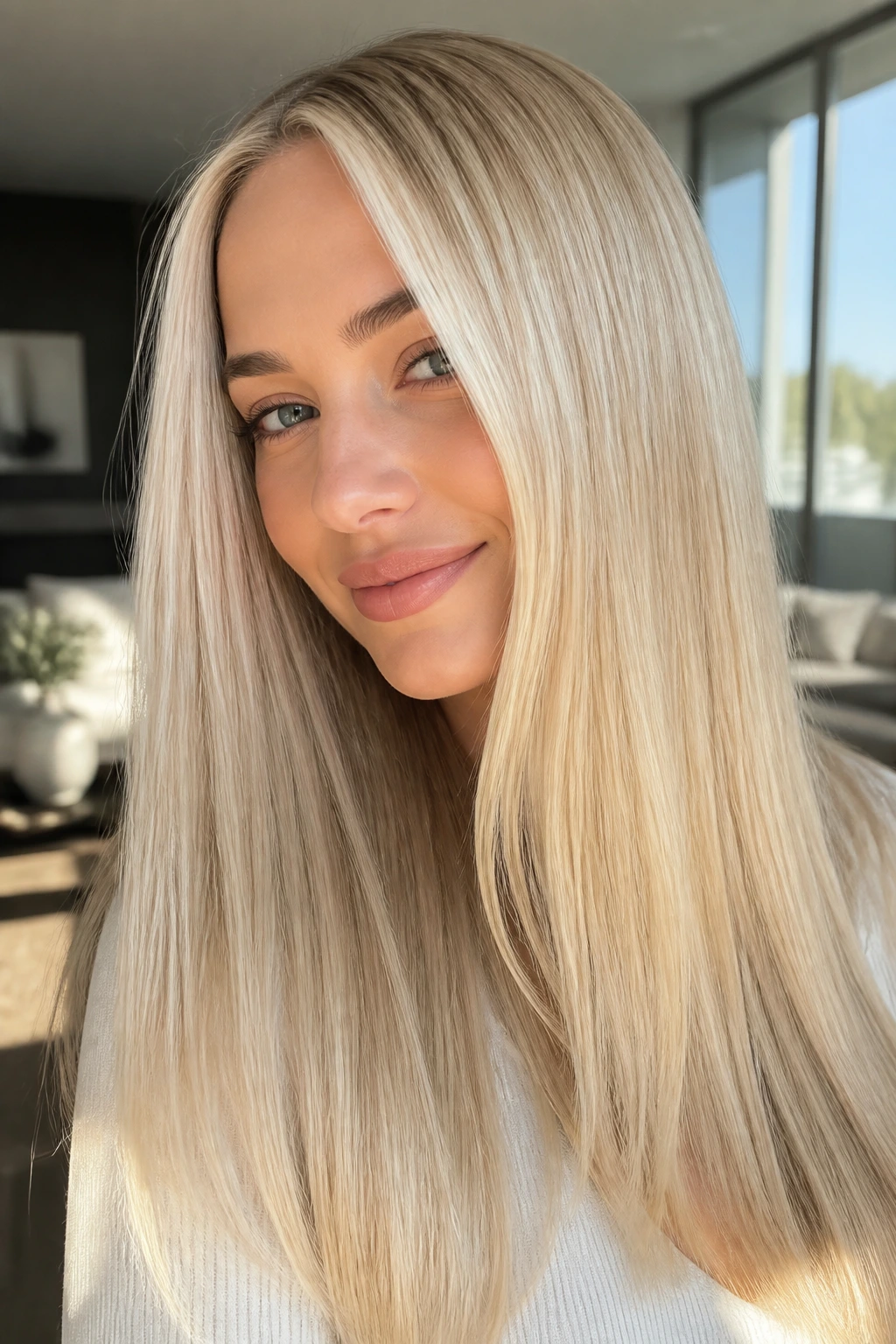 Close-up of a woman with bright baby blonde hair and seamless ends