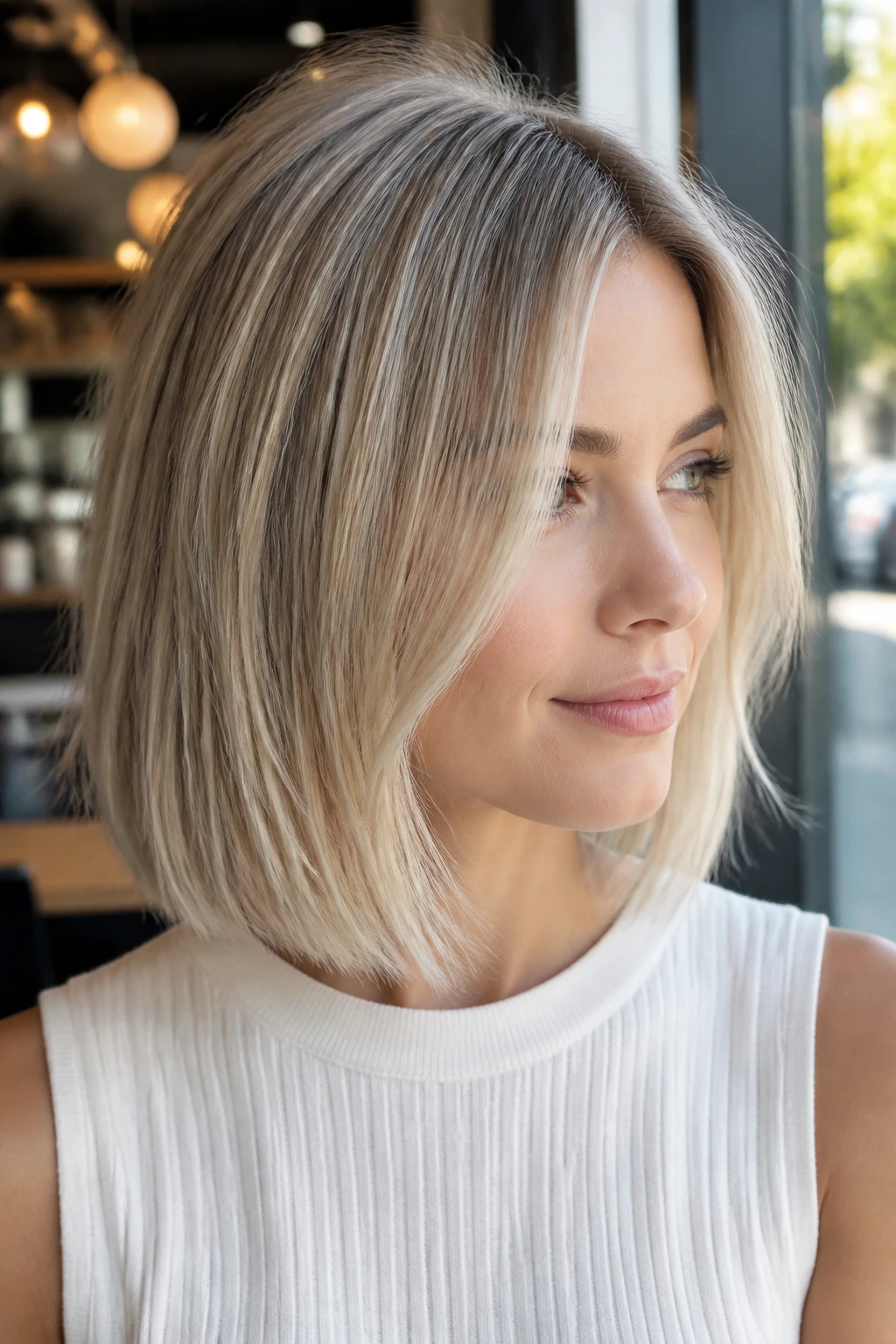 Close-up of bright baby blonde highlights on a real woman's bob.