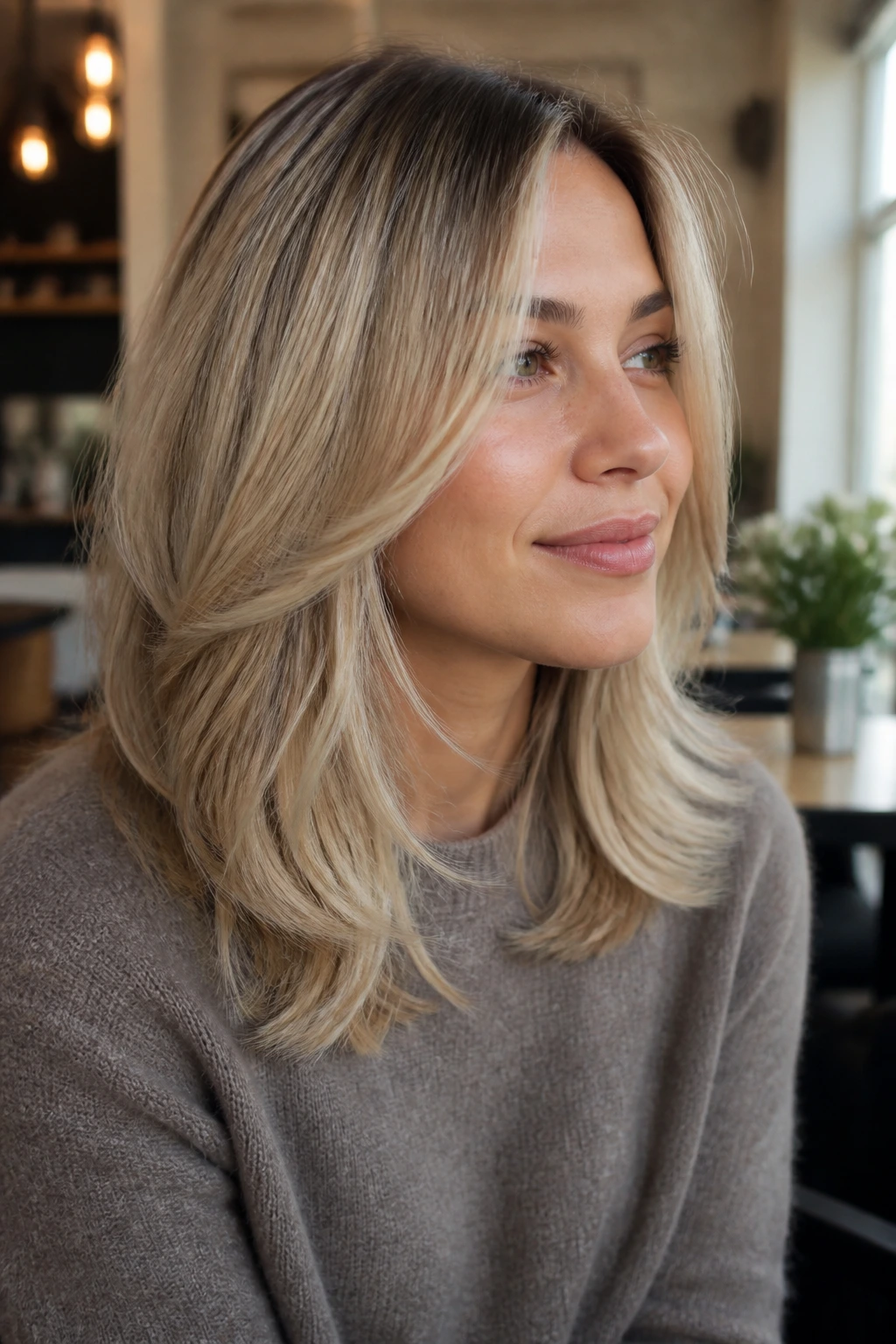Close-up of a woman with bright beige mid-length layered hair in daylight