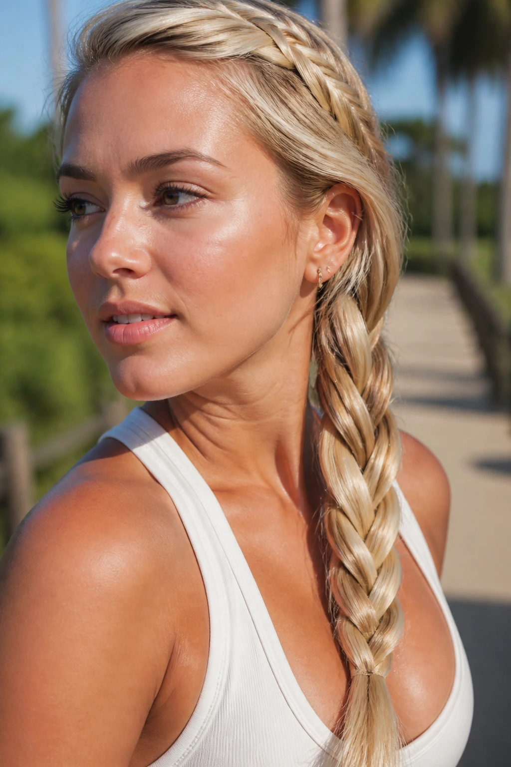 Woman with bright blonde braid in sunny outdoor setting