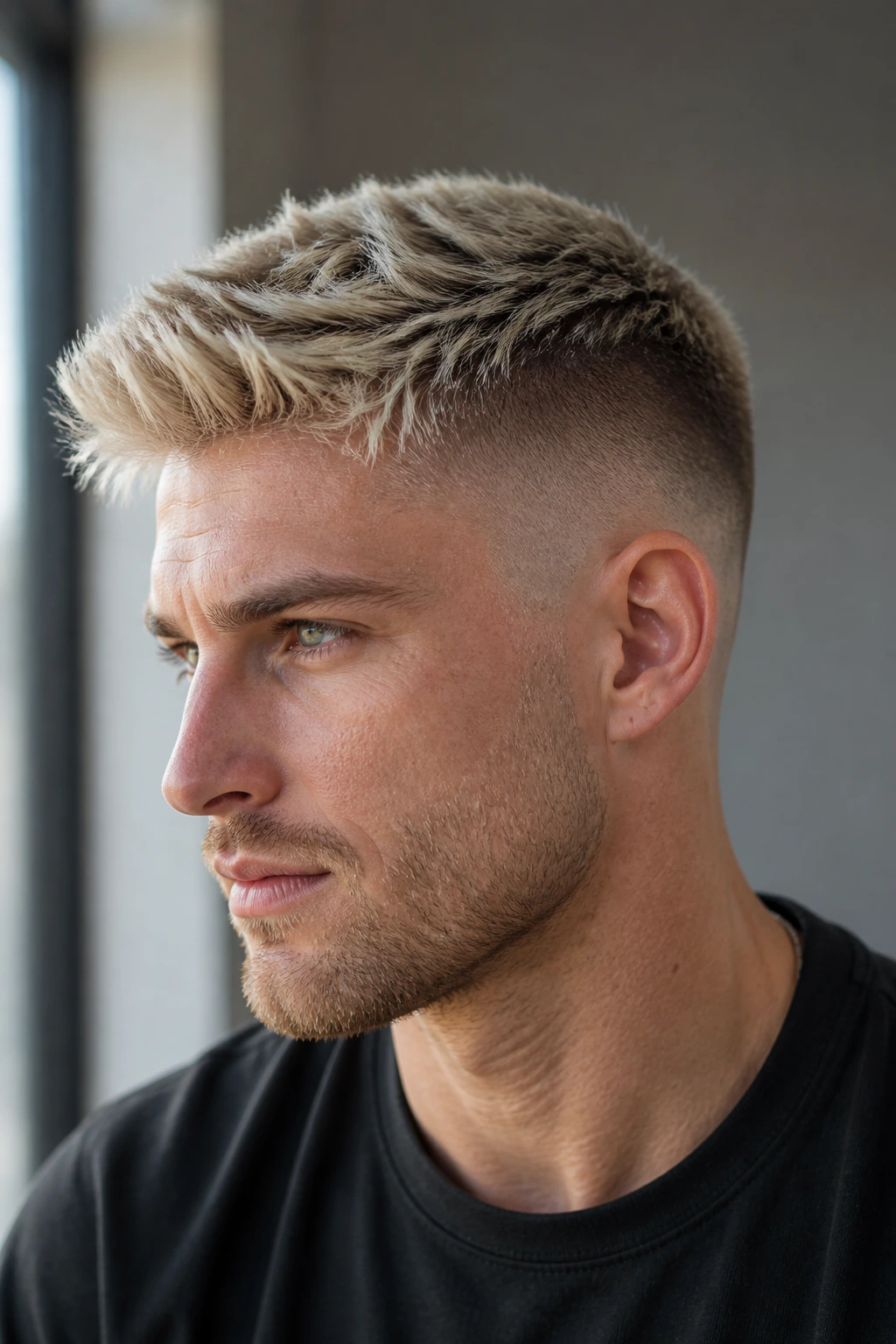 Portrait of a person with a bright blonde fade avoiding brass tones