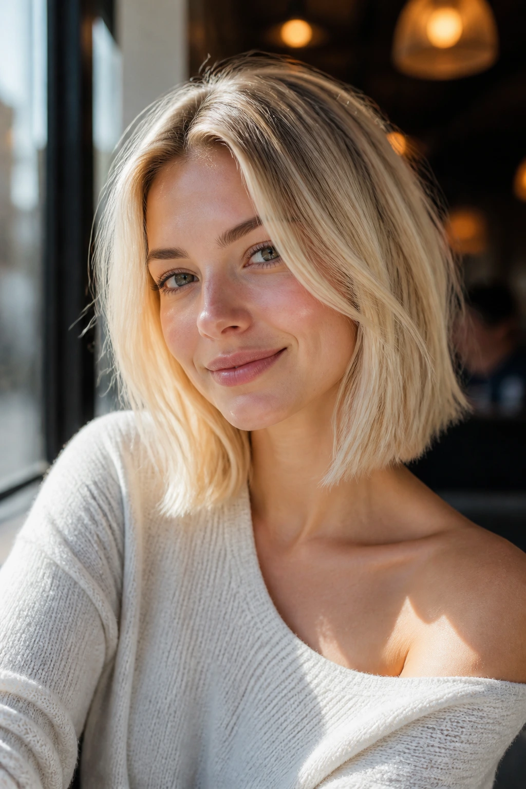 Real woman with bright blonde clavicle crop in natural daylight