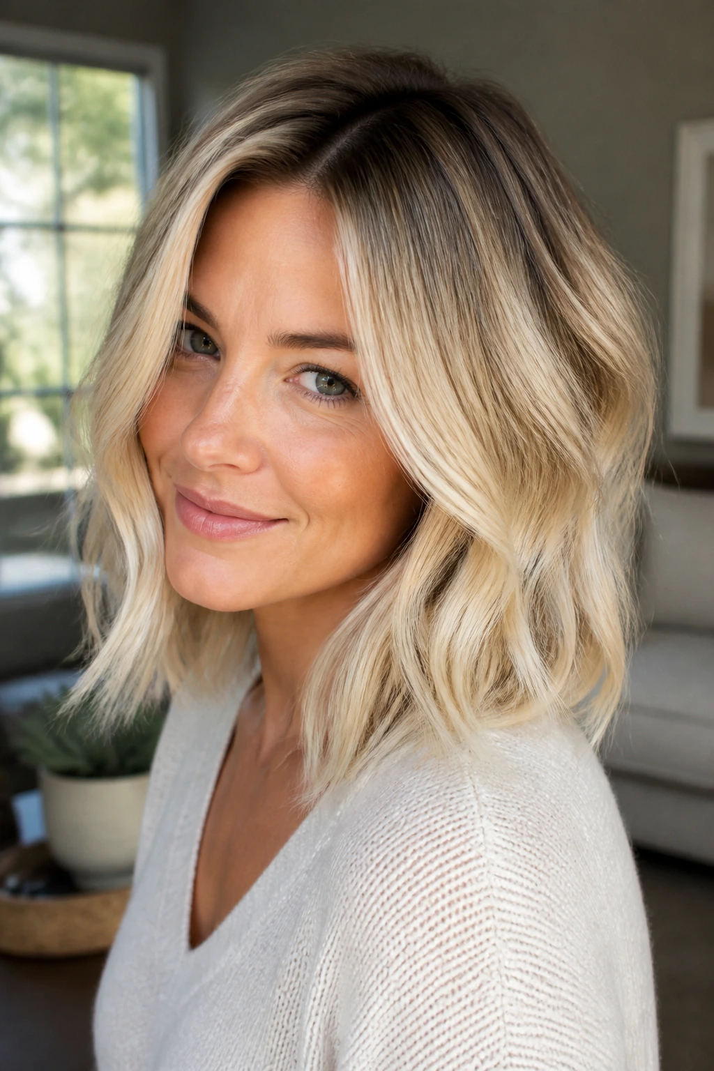 Close-up of a woman with bright blonde hair and darker root shadow