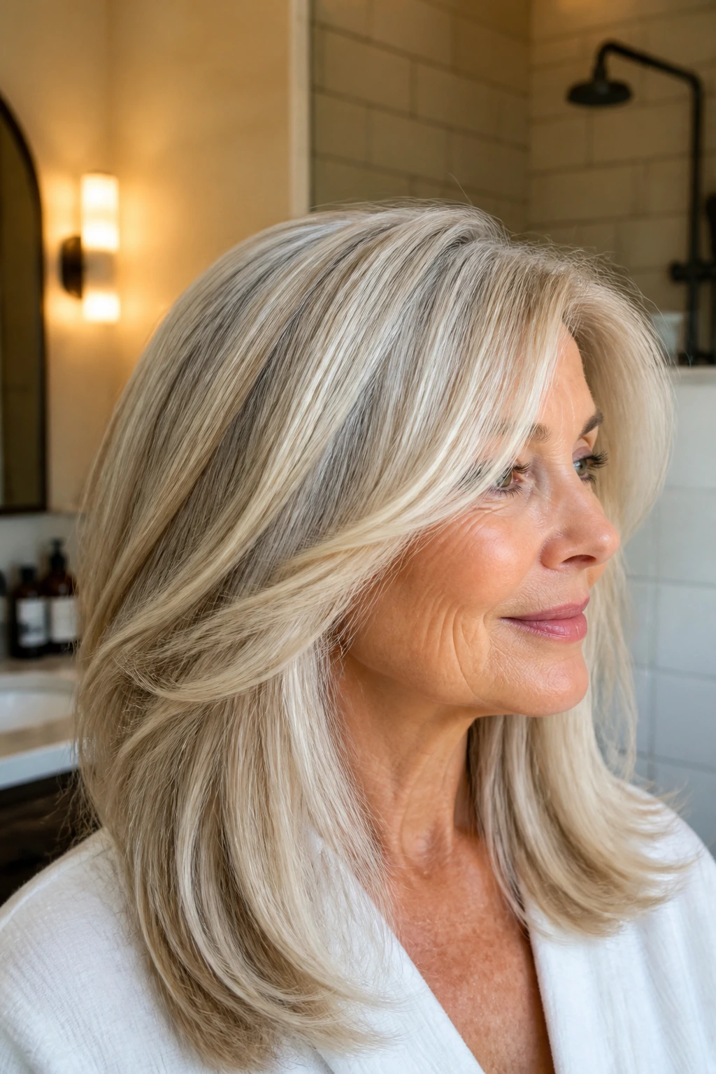 Close-up portrait of an older woman with bright blonde hair and natural shine.