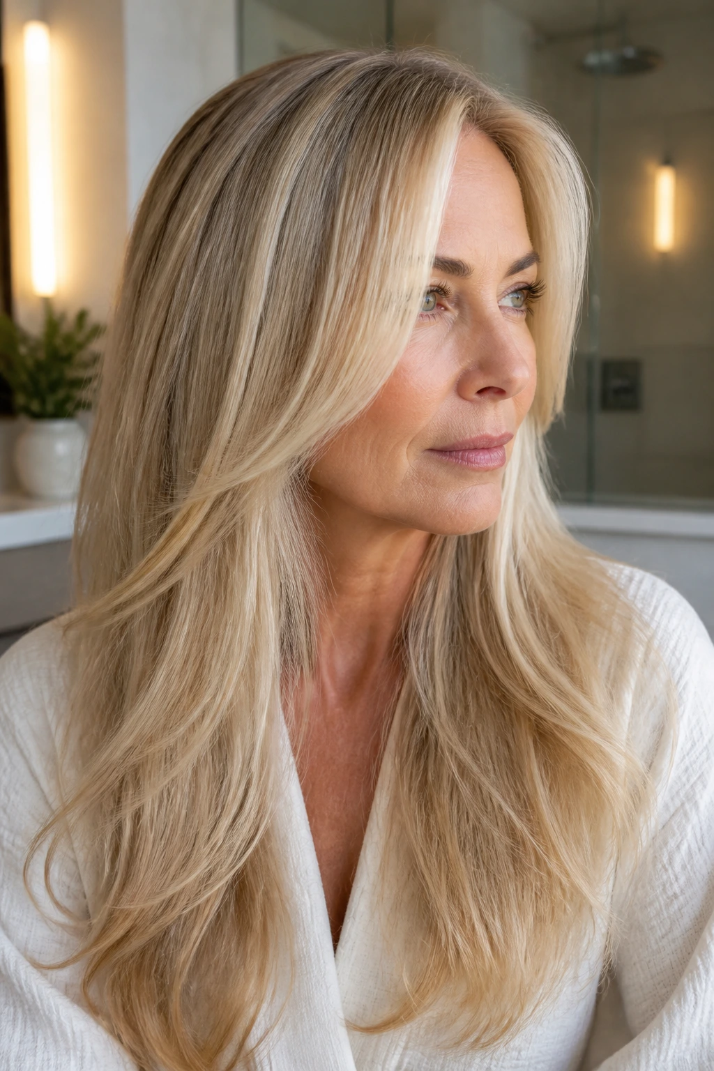 Portrait of a woman with bright blonde hair in soft indoor light.
