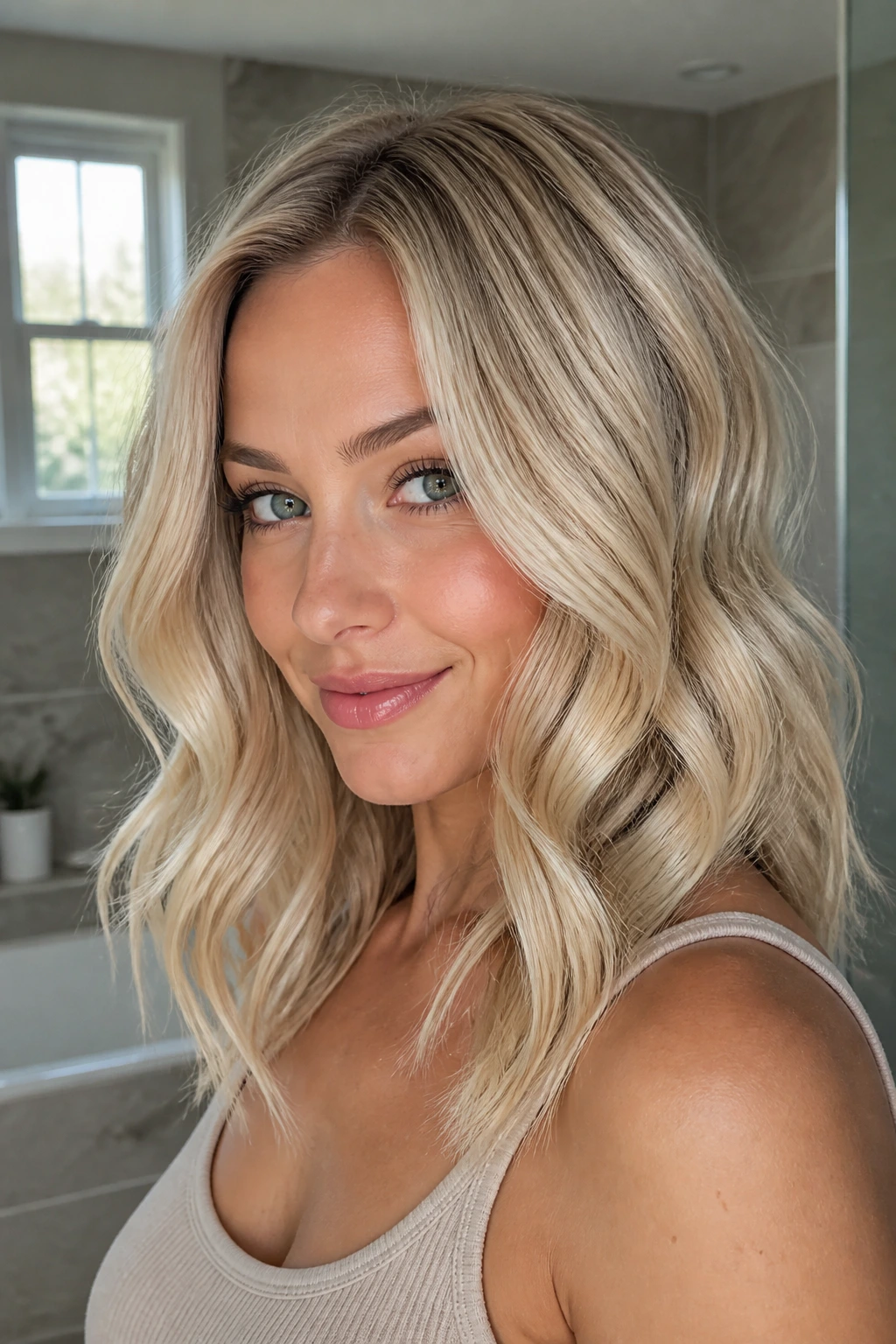 Close-up of a real woman with glossy bright blonde medium-length wavy hair in a bathroom setting.