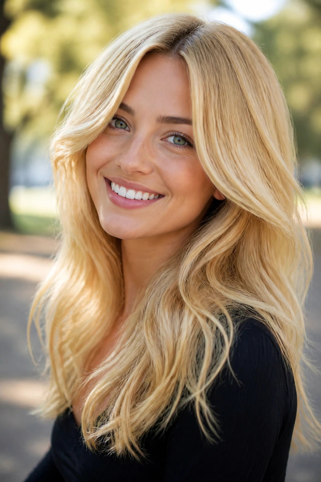 Close-up of a real woman with Bright Butter Blonde hair in warm sunny tones.