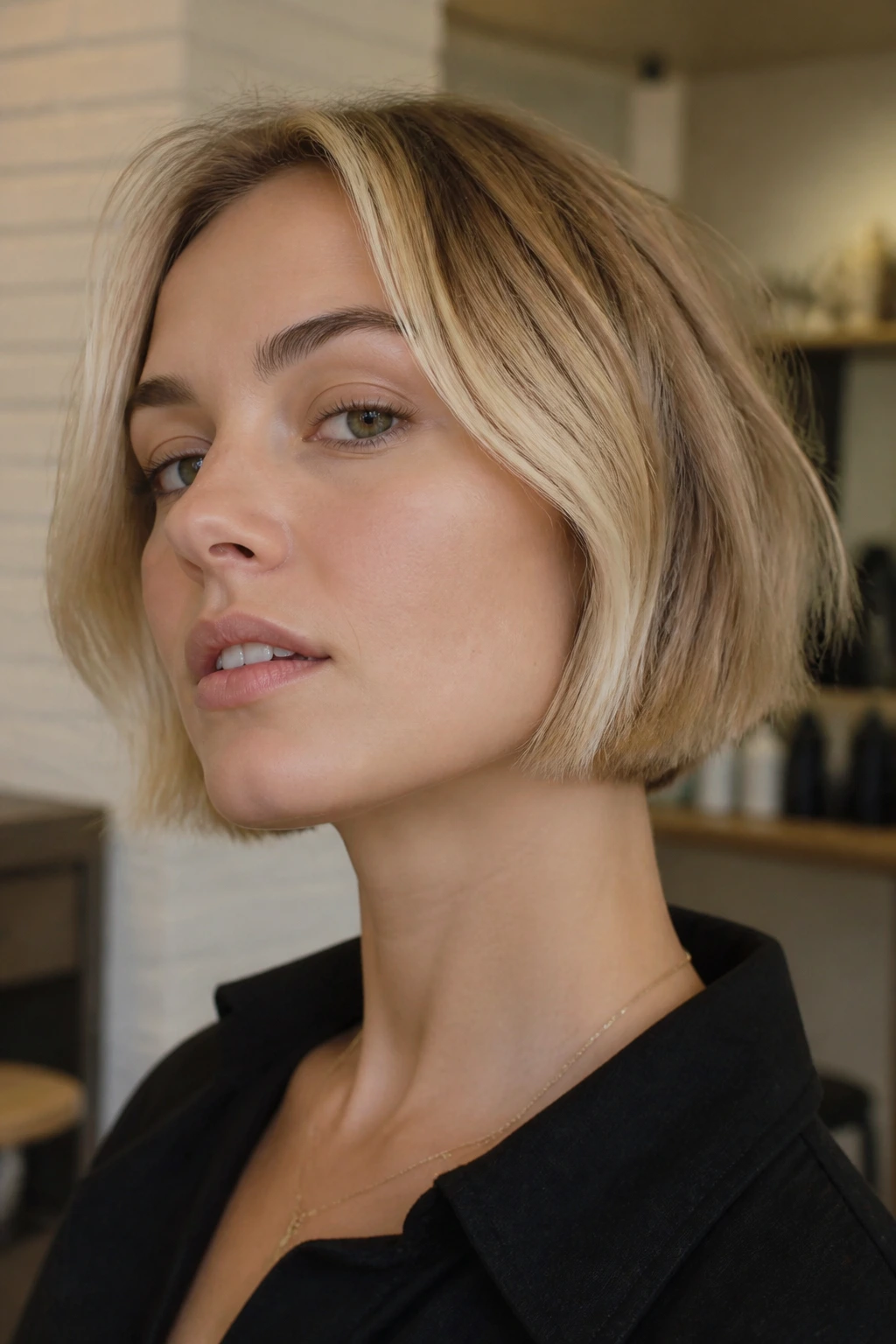 Close-up of a real woman with a French bob and bright temple catch