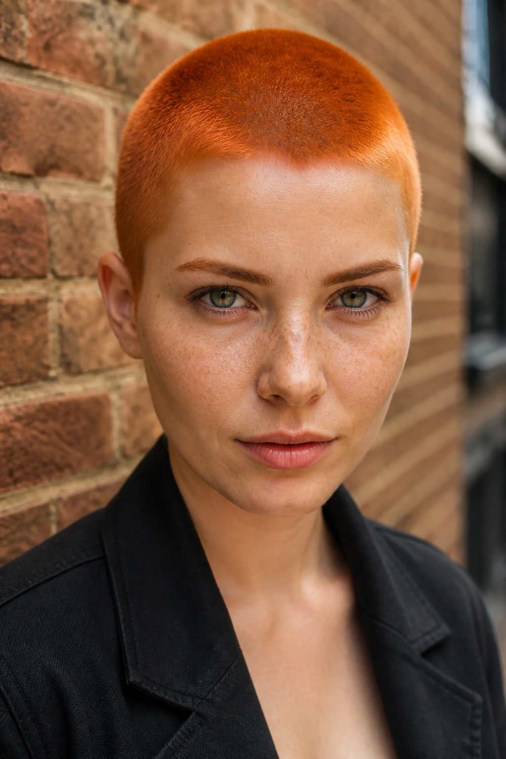 Portrait of a person with bright copper buzz cut in daylight