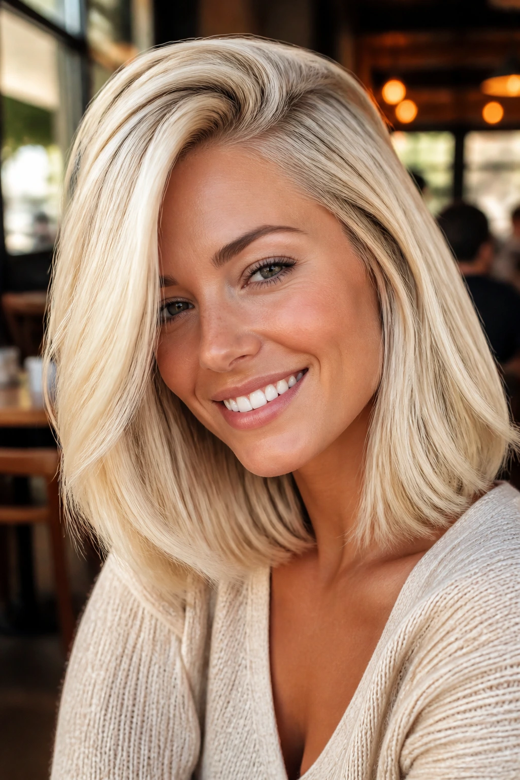 Real woman with bright cream blonde hair and deep side part in warm window light